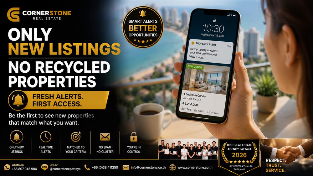 A tenant receiving a fresh property notification on a mobile phone, representing timely alerts for newly listed properties in Pattaya. 
